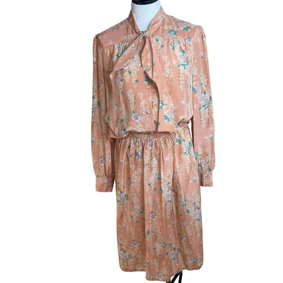 Dls International Vintage Womens Skirt Blouse Set Size 14 Pink Floral Pure Silk